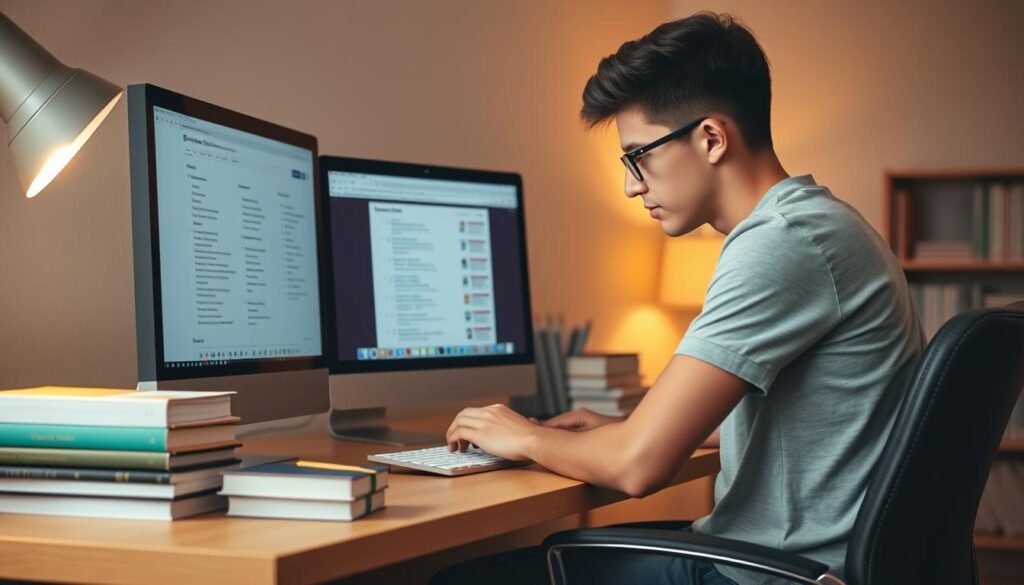A modern, well-lit workspace with a desktop computer, a stack of books, and a focused young person in casual clothing intently searching through online scholarship directories on the screen. The environment conveys a sense of productivity, diligence, and a determined quest for educational funding opportunities. Warm lighting and muted tones create a cozy, study-friendly atmosphere. The composition highlights the central focus on the digital search process, with the desk and chair arranged to draw the viewer's attention to the screen.
