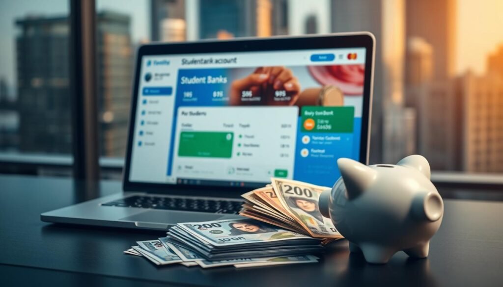 A neatly arranged desktop with a laptop, a piggy bank, and a stack of Australian dollar bills. The lighting is soft and diffused, creating a warm and inviting atmosphere. The laptop screen displays a student bank account dashboard, showcasing key features and offers. In the background, a blurred cityscape with modern architecture provides a sense of urban sophistication. The overall composition conveys a sense of financial responsibility and the importance of managing one's savings, particularly for students in Australia.