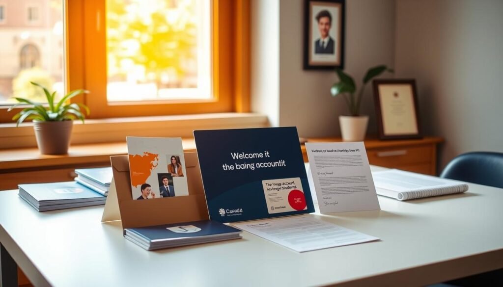 A neatly organized desk on a university campus, with a savings account welcome kit for international students prominently displayed. The kit includes brochures, forms, and a welcome letter from the bank. Warm, natural lighting filters through the window, casting a cozy glow on the scene. The desk is clean and minimalist, allowing the kit to be the focal point. Subtle background details, such as a potted plant or a framed diploma, suggest an academic setting. The overall atmosphere conveys a sense of professionalism, accessibility, and inclusiveness, reflecting the needs of international students new to the Canadian banking system.