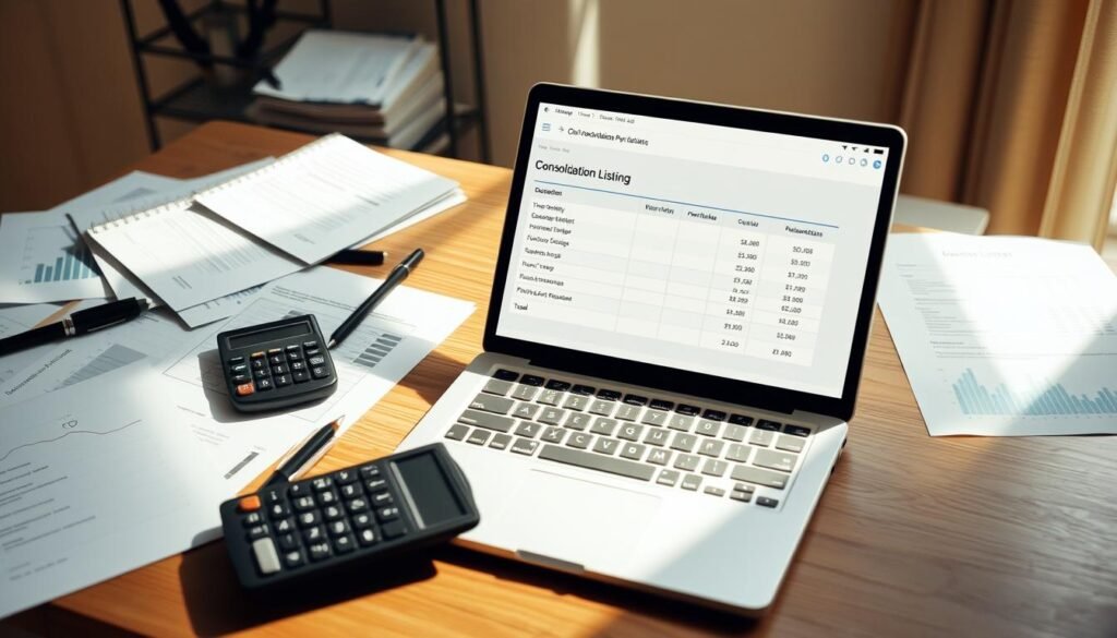 A neatly organized desk with various financial documents, calculator, and a laptop displaying a consolidation listing interface. The lighting is soft and natural, casting a warm glow on the scene. The camera angle is slightly elevated, creating a sense of order and focus on the task at hand. The atmosphere conveys a sense of diligence and determination, with the consolidation listing serving as the central element guiding the viewer's attention. The overall composition balances the practical elements of the task with a subtle, refined aesthetic.