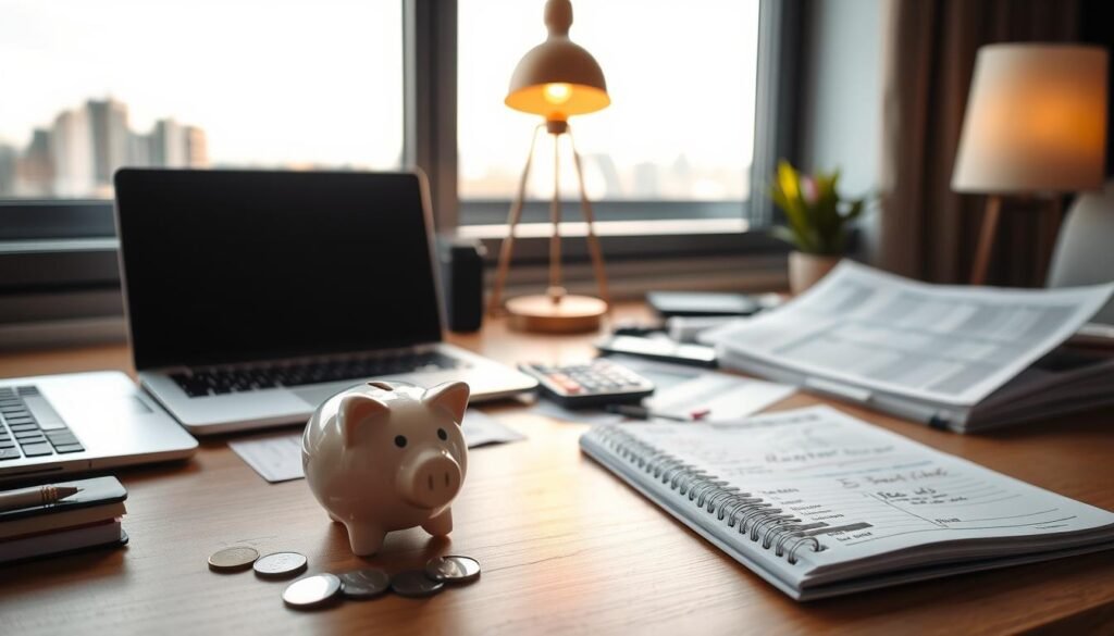 A neatly organized home office desk, with a laptop, calculator, and financial documents spread out. A piggy bank and some loose change sit in the foreground, alongside a notebook with handwritten estimates. Warm, soft lighting from a table lamp casts a cozy glow, creating an atmosphere of thoughtful planning. In the background, a window provides a glimpse of a cityscape, hinting at the future goals and retirement considerations for a young professional. The scene conveys a sense of diligence, anticipation, and a methodical approach to financial planning.
