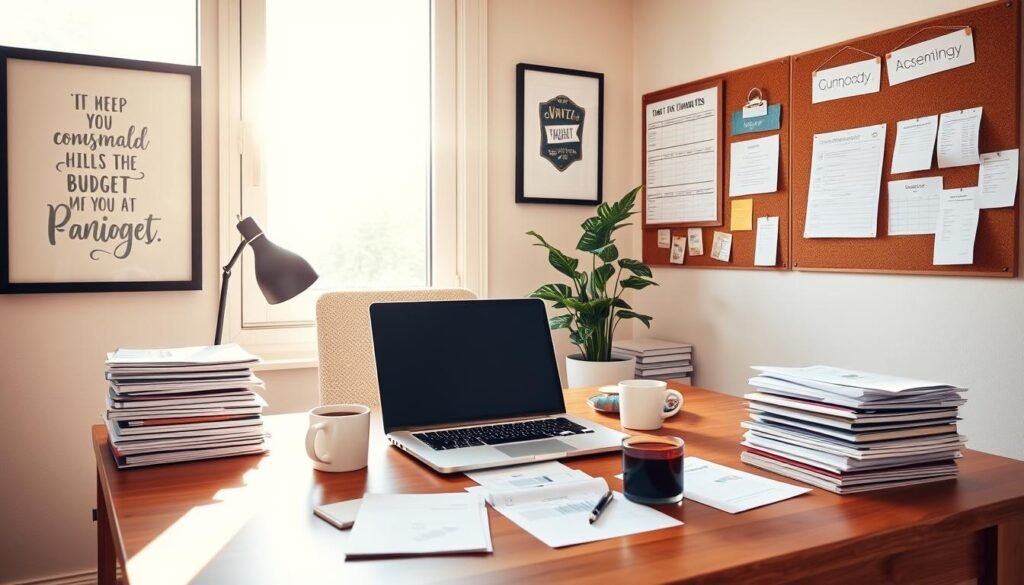 A neatly organized home office with a wooden desk, a laptop, and a stack of financial documents. The walls are adorned with inspirational framed artwork and a cork board displaying budget-tracking tools. Sunlight streams in through a large window, creating a warm, productive atmosphere. A cup of coffee sits within reach, and a plant adds a touch of greenery. The overall scene conveys a sense of financial discipline and a methodical approach to managing personal finances.