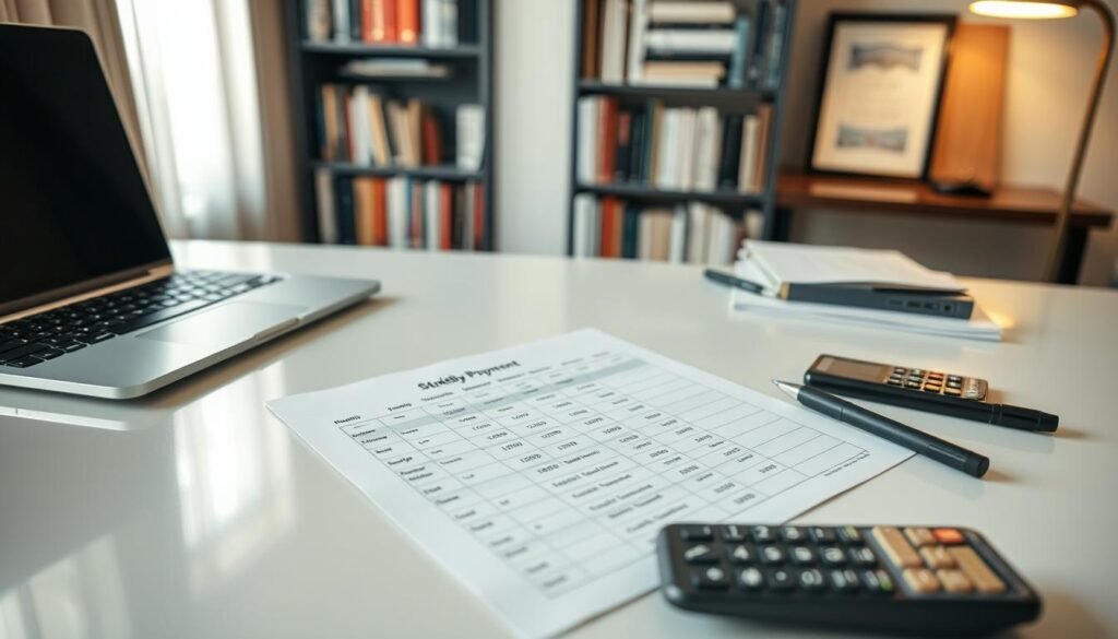 A neatly organized monthly payment schedule laid out on a modern desk, with a laptop, calculator, and pen nearby. The lighting is soft and warm, creating a productive and focused atmosphere. The desk surface is clean and uncluttered, allowing the payment details to be the focal point. In the background, a bookshelf filled with finance-related books and a framed certificate or diploma, suggesting the user's expertise in personal finance and student loan management.