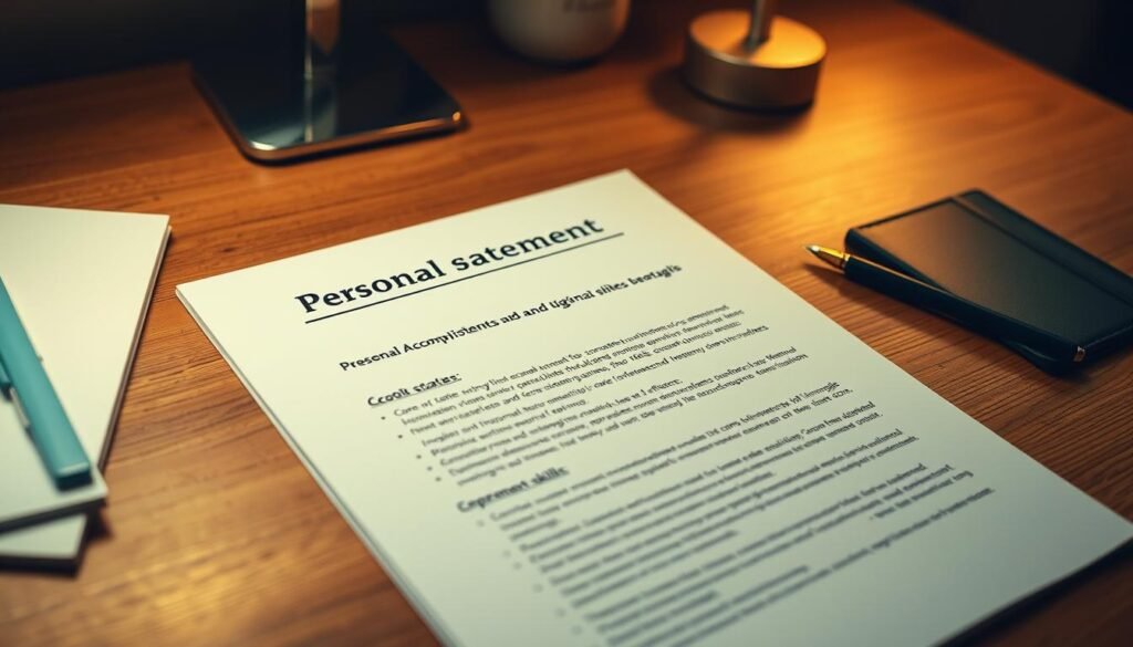 A neatly organized personal statement document sits atop a wooden desk, backlit by a soft, warm lighting. The document's header features a clear, professional title and the text within is carefully formatted, with sections highlighting the writer's academic accomplishments, relevant skills, and future career aspirations. The desk is adorned with a few minimalist office supplies, creating a subtle, yet polished atmosphere. The camera angle captures the personal statement in an elevated, slightly angled view, emphasizing its importance as a key component of a graduate-ready CV. The overall scene conveys a sense of thoughtfulness, attention to detail, and a well-crafted professional presentation.
