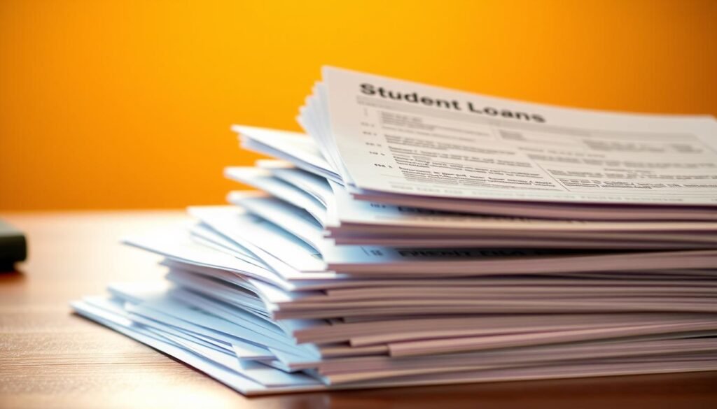 A neatly organized stack of student loan documents, statements, and repayment schedules resting on a wooden desk. The documents are backlit by a warm, focused light, casting subtle shadows and highlighting the textured details. The scene has a sense of order and control, conveying the idea of taking charge of one's financial situation after graduation. The background is blurred, keeping the focus on the central subject matter and creating a serene, contemplative atmosphere. A neatly organized stack of student loan documents, statements, and repayment schedules resting on a wooden desk. The documents are backlit by a warm, focused light, casting subtle shadows and highlighting the textured details. The scene has a sense of order and control, conveying the idea of taking charge of one's financial situation after graduation. The background is blurred, keeping the focus on the central subject matter and creating a serene, contemplative atmosphere.