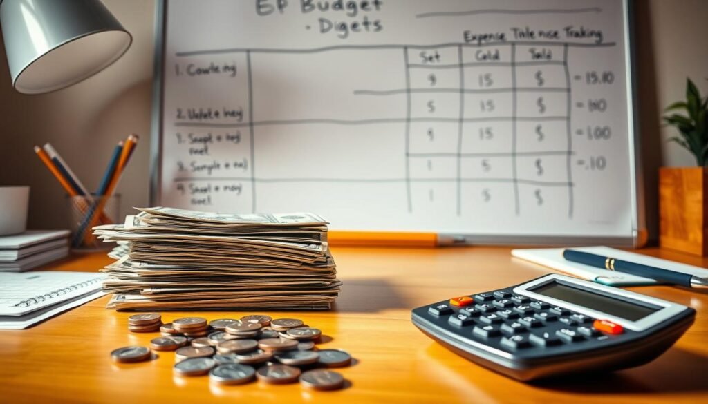 A neatly organized student desk with a stack of bills, coins, and a calculator in the foreground, against a backdrop of a whiteboard with hand-drawn budget categories and expense tracking. The lighting is warm and soft, creating a focused and productive atmosphere. The overall composition conveys a sense of diligence and financial responsibility, reflecting the challenges and strategies of managing a student's budget.