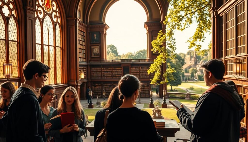 A picturesque academic setting, illuminated by warm, golden light filtering through stained-glass windows. In the foreground, a group of graduate students engaged in lively discussion, their faces alight with intellectual curiosity. In the middle ground, a grand, ornate library with towering bookshelves and a central study table, where a student pores over a tome, surrounded by the accumulated knowledge of generations. In the background, a serene, park-like campus, with manicured lawns and lush, verdant foliage, creating a tranquil atmosphere conducive to contemplation and scholarly pursuits. The overall scene conveys the prestige, opportunity, and support available through Canada's graduate merit scholarships, inspiring a sense of academic excellence and personal growth.