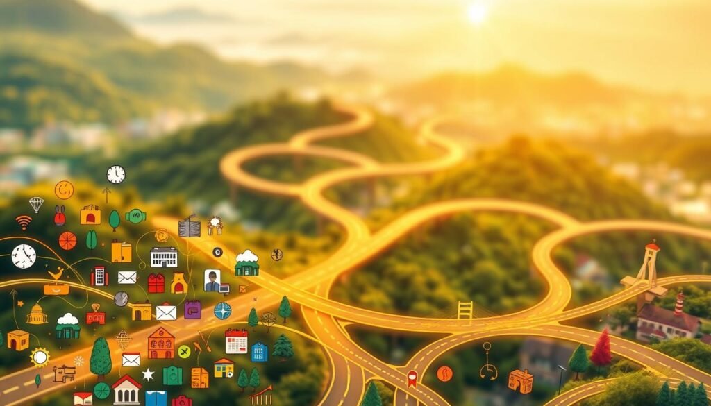 A picturesque illustration of intersecting funding pathways, illuminated by warm, golden lighting. In the foreground, a diverse array of vibrant icons and symbols representing various scholarship and grant opportunities. In the middle ground, winding roads and bridges that lead to different educational institutions and programs. In the background, a serene, blurred landscape suggesting the global reach of these funding possibilities. The overall composition conveys a sense of interconnectedness, opportunity, and a journey towards achieving educational goals.