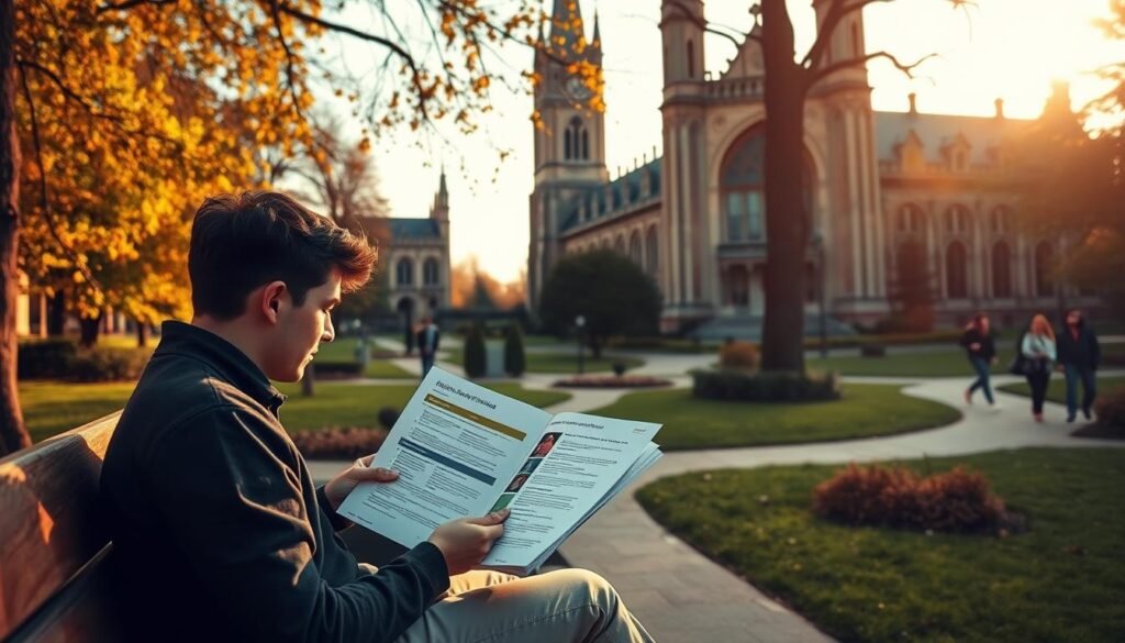 A prestigious university campus in autumn, with towering neo-gothic architecture and lush green landscapes. In the foreground, a student sits on a wooden bench, reviewing brochures and documents about various funding opportunities, from scholarships and grants to research fellowships and assistantships. Warm, golden light filters through the trees, casting a cozy atmosphere over the scene. In the background, other students stroll along the winding paths, deep in discussion. The overall mood is one of academic excellence, opportunity, and the promise of a fulfilling postgraduate experience.