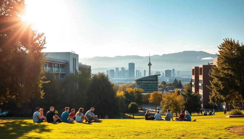 A prestigious university campus nestled in lush, verdant grounds. In the foreground, a group of diverse, attentive students sit on a grassy lawn, engaged in animated discussion. The sunlight filters through the trees, casting a warm, golden glow over the scene. In the middle ground, modern, well-equipped academic buildings stand tall, their sleek architecture a testament to the institution's commitment to excellence. In the background, a picturesque skyline of skyscrapers and mountains creates a breathtaking backdrop. The overall atmosphere conveys a sense of intellectual vibrancy, opportunity, and the promise of a fully funded, transformative undergraduate experience. A prestigious university campus nestled in lush, verdant grounds. In the foreground, a group of diverse, attentive students sit on a grassy lawn, engaged in animated discussion. The sunlight filters through the trees, casting a warm, golden glow over the scene. In the middle ground, modern, well-equipped academic buildings stand tall, their sleek architecture a testament to the institution's commitment to excellence. In the background, a picturesque skyline of skyscrapers and mountains creates a breathtaking backdrop. The overall atmosphere conveys a sense of intellectual vibrancy, opportunity, and the promise of a fully funded, transformative undergraduate experience.