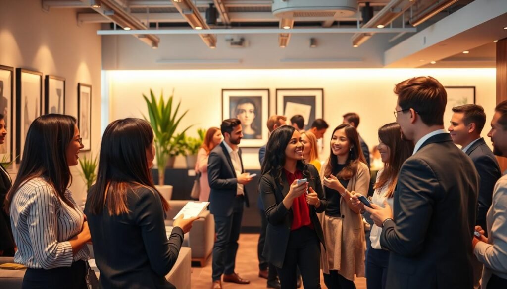 A professional yet casual networking event set in a modern office environment. In the foreground, a group of people engaged in lively discussions, exchanging business cards and shaking hands. The middle ground features a backdrop of sleek furniture, potted plants, and framed artwork on the walls, creating a polished, upscale atmosphere. Warm, directional lighting illuminates the scene, casting a soft glow and highlighting the confident, friendly expressions of the attendees. The overall mood is one of energy, connection, and opportunity, reflecting the possibilities available in the dynamic U.S. job market.
