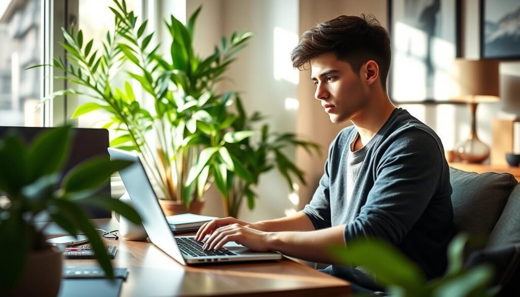 A remote internship experience in Australia: a cozy home office, filled with natural light, showcasing a young professional working intently on a laptop, surrounded by a lush, verdant indoor plant and sleek, modern decor. The atmosphere is calm and focused, conveying the trust and productivity that international students have come to associate with remote internships in Australia. Crisp 50mm lens, medium aperture, ambient lighting, and a slight tilt-shift effect to draw the eye to the central figure.