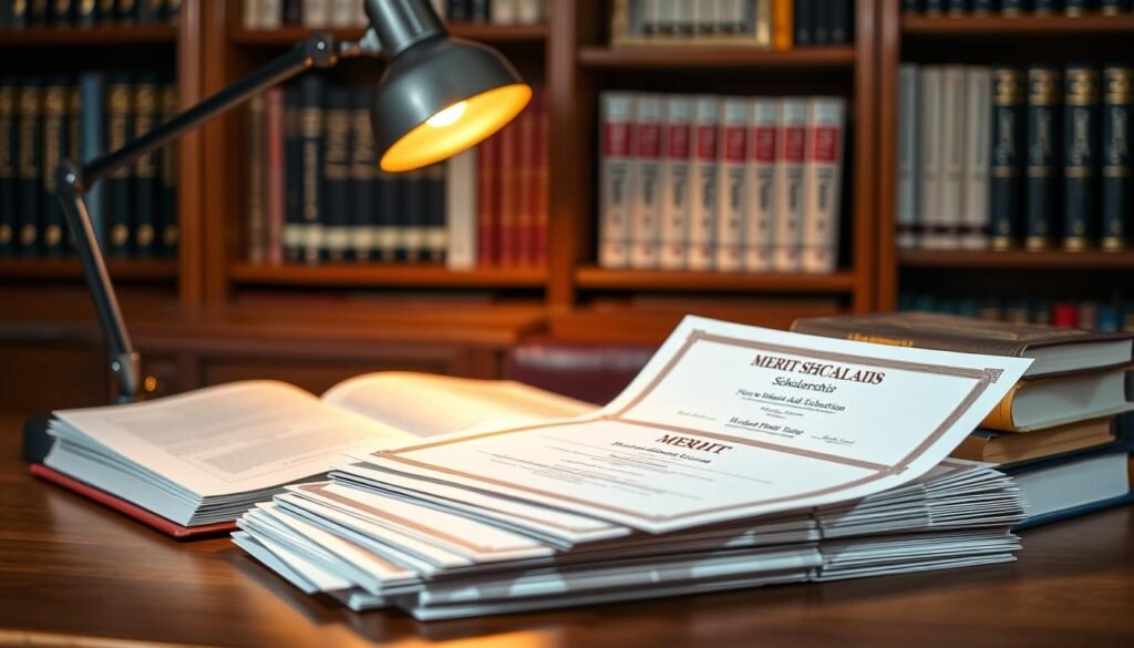 A scholarly setting with a wooden desk, desk lamp, and open books, illuminated by warm, focused lighting. In the foreground, a stack of merit scholarship certificates and award letters, symbolizing academic excellence and opportunity. The background features a bookshelf with titles related to financial aid and higher education, conveying the importance of merit-based scholarships. The overall atmosphere is one of quiet contemplation and the pursuit of knowledge, reflecting the significance of merit-based scholarships in higher education. A scholarly setting with a wooden desk, desk lamp, and open books, illuminated by warm, focused lighting. In the foreground, a stack of merit scholarship certificates and award letters, symbolizing academic excellence and opportunity. The background features a bookshelf with titles related to financial aid and higher education, conveying the importance of merit-based scholarships. The overall atmosphere is one of quiet contemplation and the pursuit of knowledge, reflecting the significance of merit-based scholarships in higher education.