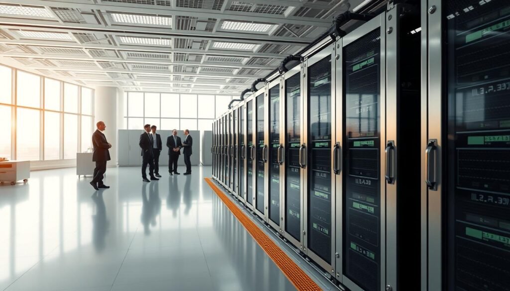 A secure crypto asset storage facility with a modern, minimalist design. The foreground features a row of high-tech storage modules, their sleek metal exteriors gleaming under crisp, directional lighting. In the middle ground, a team of professionals in suits and lab coats oversee the system, conveying a sense of expert care and security. The background depicts a large, airy workspace with floor-to-ceiling windows, offering a calming, futuristic atmosphere. The overall mood is one of technological sophistication, reliability, and consumer trust.