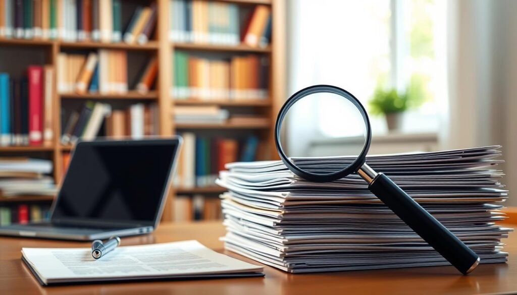 A serene academic setting, with a well-stocked bookshelf in the background, soft natural lighting, and a desk with a laptop, pen, and notebook in the foreground. On the desk, a magnifying glass hovers over a stack of documents, symbolizing the close examination of the details and requirements of a fully funded, merit-based scholarship program. The overall atmosphere exudes a sense of focus, diligence, and the pursuit of academic excellence.