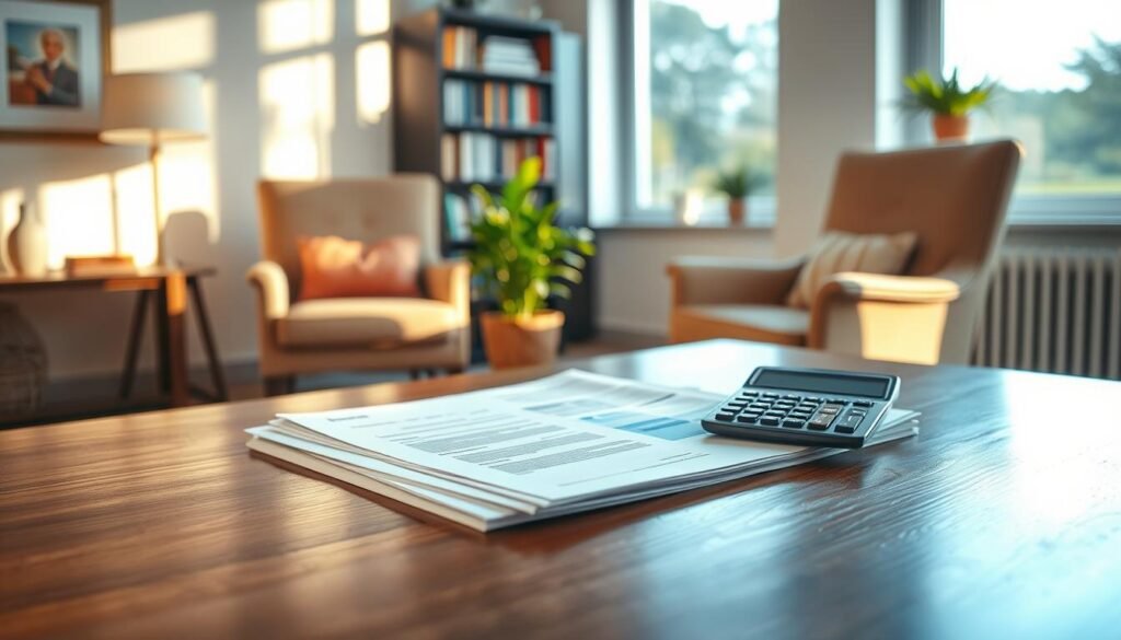 A serene and contemplative retirement plan scene. In the foreground, a stack of financial documents and a calculator resting on a polished wooden desk. Gentle afternoon sunlight filters through large windows, casting a warm glow across the scene. In the middle ground, a comfortable armchair and a potted plant, suggesting a relaxed and thoughtful environment. The background features a bookshelf filled with finance and retirement planning resources, conveying a sense of preparedness and wisdom. The overall mood is one of calm focus and intentional planning for the future.