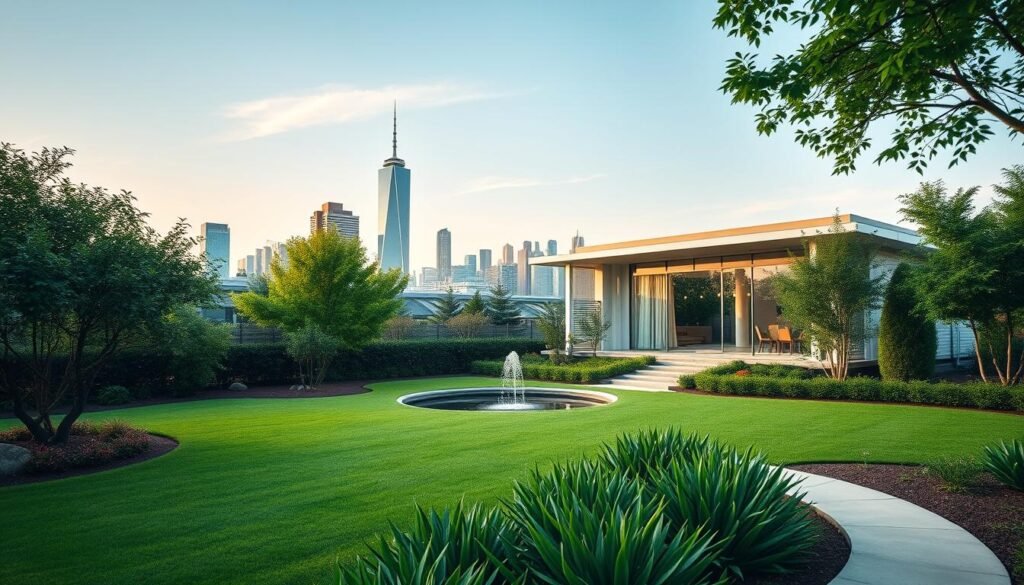 A serene and modern retirement plan landscape. In the foreground, a well-manicured garden with lush greenery and a tranquil water feature. In the middle ground, a stylish and energy-efficient retirement home with clean lines and large windows that let in abundant natural light. In the background, a vibrant cityscape with towering skyscrapers and a clear blue sky, symbolizing the financial security and urban amenities available to young adults. Soft, warm lighting illuminates the scene, creating a sense of comfort and prosperity. The overall composition conveys a vision of a comfortable, sustainable, and financially secure retirement for young adults in the United States.