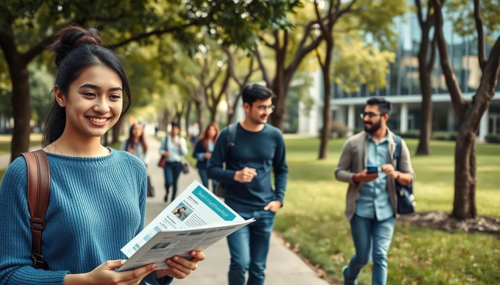 A serene campus scene, with a group of diverse international students walking along a tree-lined path, deep in conversation. In the foreground, a young woman in a blue sweater smiles as she reads a pamphlet about scholarship opportunities. In the middle ground, two men discuss their options, gesturing excitedly. In the background, a modern academic building stands, its glass facade reflecting the clear sky. The lighting is soft and diffused, creating a warm, welcoming atmosphere. The angle is slightly elevated, providing a broad, encompassing view of the scene. A serene campus scene, with a group of diverse international students walking along a tree-lined path, deep in conversation. In the foreground, a young woman in a blue sweater smiles as she reads a pamphlet about scholarship opportunities. In the middle ground, two men discuss their options, gesturing excitedly. In the background, a modern academic building stands, its glass facade reflecting the clear sky. The lighting is soft and diffused, creating a warm, welcoming atmosphere. The angle is slightly elevated, providing a broad, encompassing view of the scene.