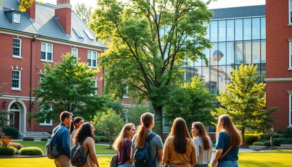A serene campus setting, with stately brick buildings and lush greenery, showcasing the prestige and academic excellence of a top-tier STEM MBA program. In the foreground, a group of diverse students engaged in a lively discussion, representing the collaborative and innovative spirit of the program. Soft, natural lighting casts a warm glow, creating an atmosphere of intellectual curiosity and personal growth. In the background, a modern, glass-walled structure houses state-of-the-art facilities, reflecting the program's commitment to technology and cutting-edge research. The overall scene conveys the perfect balance of tradition and innovation, making it an appealing choice for international MBA students seeking a transformative educational experience.