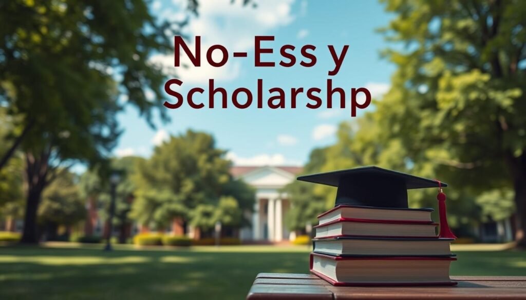 A serene college campus against a backdrop of verdant trees and a clear blue sky. In the foreground, a stack of books and a graduation cap sit atop a wooden bench, symbolizing the pursuit of higher education. The lighting is soft and diffused, creating a warm, inviting atmosphere. The angle is slightly elevated, giving a sense of tranquility and possibility. This image conveys the essence of "no-essay scholarship" - the opportunity to earn funding for graduate studies without the burden of a lengthy application process.