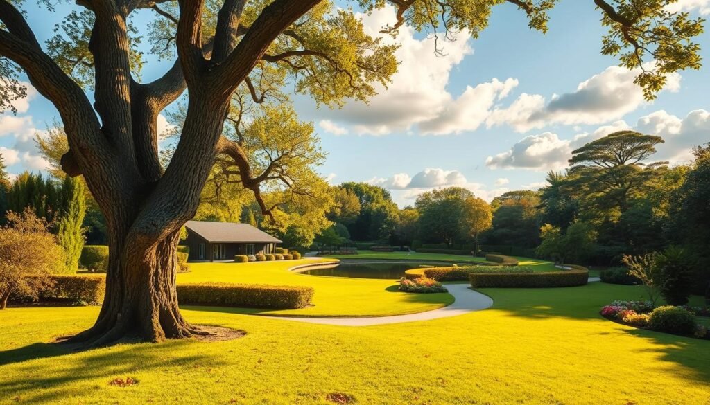 A serene garden landscape, bathed in warm, golden afternoon light. In the foreground, a thriving oak tree with thick, gnarled branches casts a gentle shadow over a lush, verdant lawn. Peeking through the branches, a sleek, modern retirement home nestled amidst carefully manicured hedges and vibrant flowerbeds. In the middle ground, a winding path leads the eye towards a tranquil pond, its surface reflecting the surrounding greenery. Fluffy white clouds drift lazily across a clear, azure sky, creating a sense of timelessness and harmony. The scene conveys a peaceful, prosperous vision of a well-planned and nurtured retirement, where steady growth and long-term stability are represented by the mature tree and the well-established home.