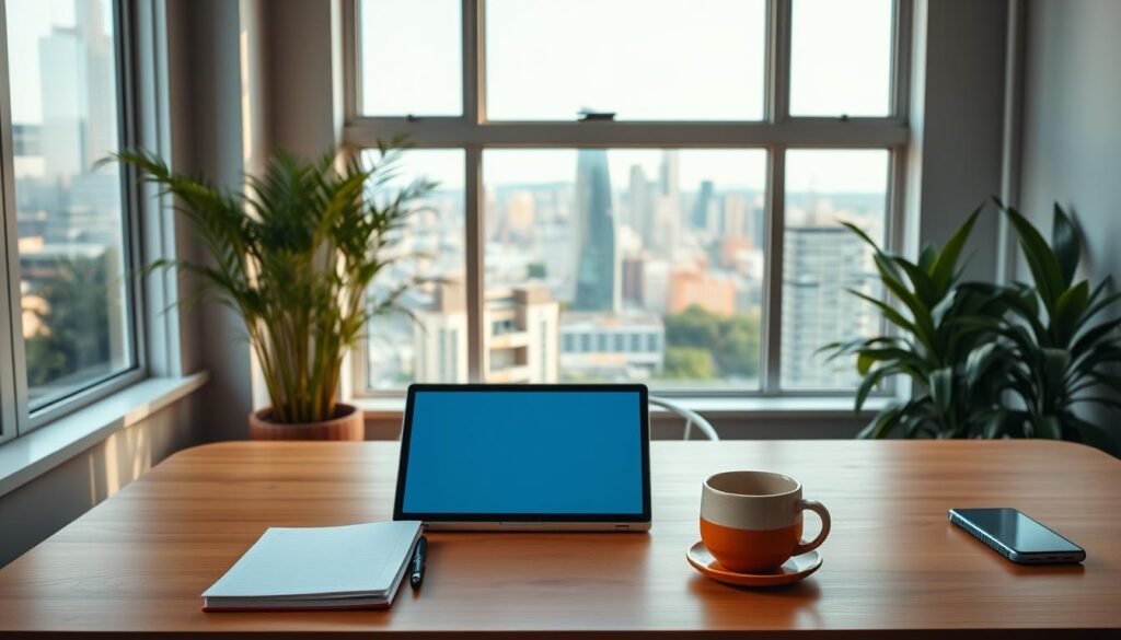 A serene home office setup, bathed in warm natural light. In the foreground, a laptop, notebook, and a cup of coffee sit on a minimalist wooden desk. In the middle ground, a large window overlooks a bustling city skyline, hinting at the remote work opportunities available in Canada. The background features lush greenery and a calming color palette, evoking a sense of balance and productivity. The overall scene conveys the ease and comfort of working from home while being connected to the vibrant job market.