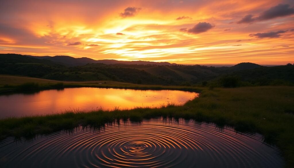 A serene landscape with a dramatic time horizon, bathed in warm, golden light. In the foreground, a tranquil pond reflects the sky's hues, rippling gently. The middle ground features rolling hills, covered in lush, verdant vegetation, leading the eye towards the distant horizon. The background showcases a breathtaking sunset, with vibrant shades of orange, pink, and purple painting the sky. The scene evokes a sense of balance, clarity, and the passage of time, perfect for visualizing investment goals and time horizons.