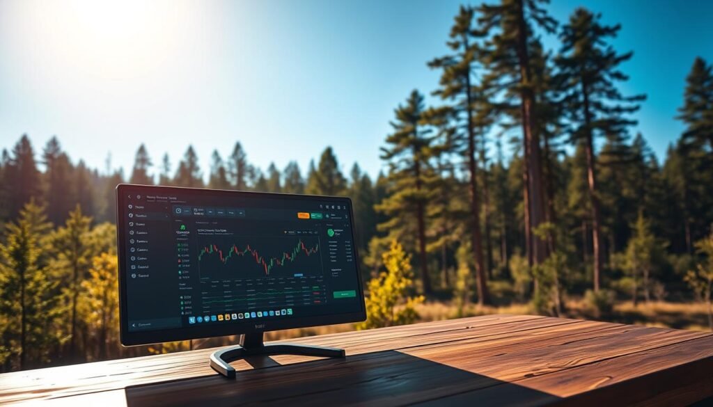 A serene landscape with a secure crypto trading experience in the foreground. A desktop computer displaying a trading dashboard rests on a wooden table, bathed in warm, natural lighting. In the background, a lush forest with towering trees and a clear blue sky creates a calming atmosphere. The trading dashboard exhibits intuitive controls, secure transaction indicators, and a well-organized interface, reflecting the user's financial goals. The scene conveys a sense of stability, control, and confidence in the crypto trading process. A serene landscape with a secure crypto trading experience in the foreground. A desktop computer displaying a trading dashboard rests on a wooden table, bathed in warm, natural lighting. In the background, a lush forest with towering trees and a clear blue sky creates a calming atmosphere. The trading dashboard exhibits intuitive controls, secure transaction indicators, and a well-organized interface, reflecting the user's financial goals. The scene conveys a sense of stability, control, and confidence in the crypto trading process.