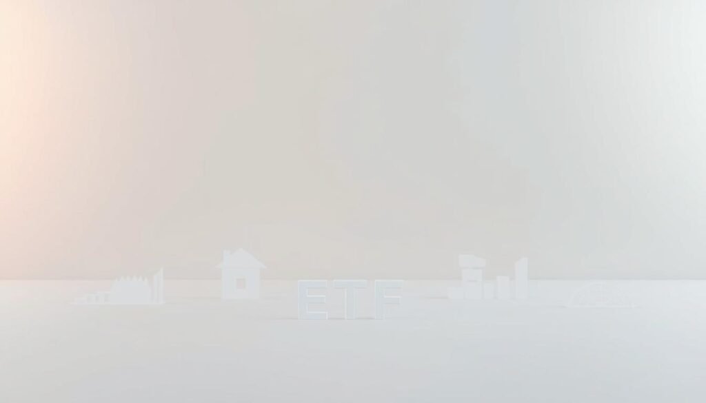 A serene, minimalist composition showcasing a variety of ETF categories against a soft, muted background. In the foreground, a clean arrangement of simplified icons or symbols representing different ETF asset classes like stocks, bonds, commodities, and real estate. The middle ground features subtle, textured gradients in complementary hues, creating a sense of depth and balance. The background gently blurs into a tranquil, neutral palette, emphasizing the simplicity and focus on the central ETF elements. Soft, even lighting from above casts gentle shadows, lending a sense of depth and dimensionality to the scene. The overall mood is one of clarity, stability, and long-term investment.