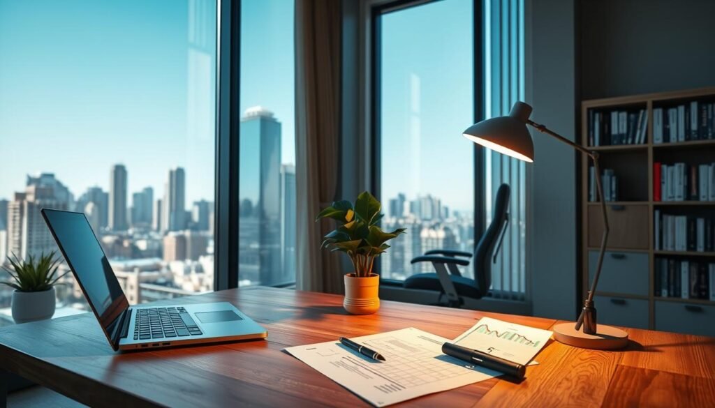 A serene, modern office interior with a large, well-lit window overlooking a cityscape. In the foreground, a wooden desk with a laptop, pen, and a magnifying glass hovering over financial documents. On the desk, a potted plant and a minimalist desk lamp casting warm, diffused light. The middle ground features a comfortable ergonomic chair and a bookshelf filled with finance-related titles. The background showcases the urban skyline, with skyscrapers and a clear blue sky. The overall mood is one of focused productivity and financial diligence.