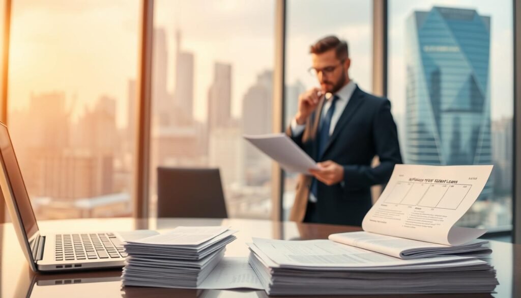 A serene, modern office setting with a large window overlooking a bustling city skyline. In the foreground, a desk with a laptop and a stack of financial documents, conveying the idea of refinancing private student loans. The middle ground features a well-dressed professional, thoughtfully reviewing paperwork. The background showcases a warm, diffused lighting that creates a calming, yet focused atmosphere. The overall composition suggests a sense of organization, efficiency, and a path towards financial freedom.