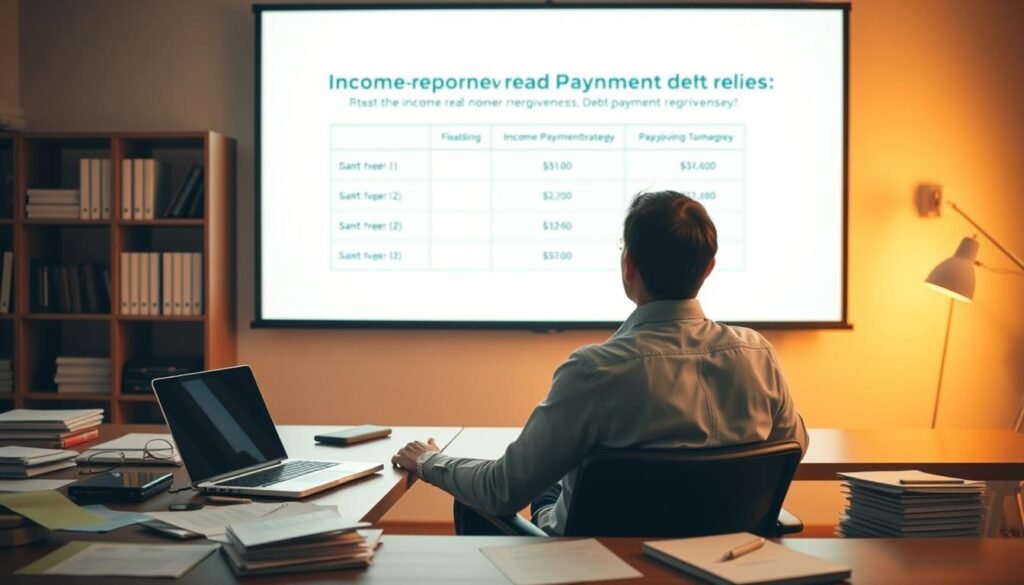 A serene office setting with a desk, laptop, and financial documents scattered. A person sits thoughtfully, considering income-driven repayment plan options projected on a large screen. Warm, diffused lighting casts a contemplative mood. The scene conveys the concept of achieving debt relief through flexible, personalized payment strategies. The composition balances the focal point of the repayment plans with peripheral details that suggest a professional, financial context. Overall, the image should visually represent the section title "Income-driven repayment plans: Lower payments today, forgiveness tomorrow".