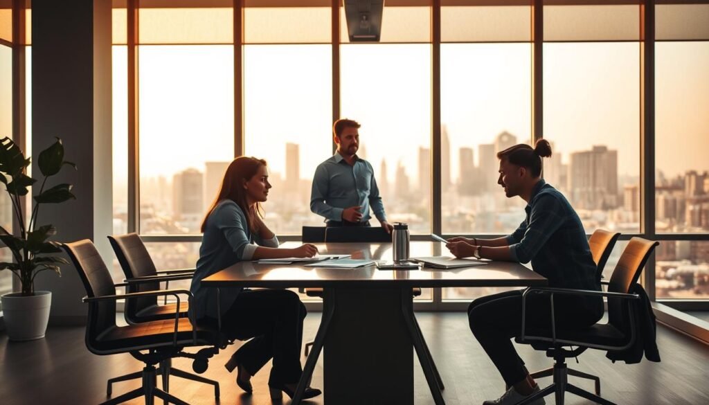 A serene office setting with a group of young professionals engaged in an internship program. In the foreground, three interns seated around a sleek conference table, discussing project plans and brainstorming ideas. Warm, natural lighting filters through the large windows, casting a soft glow on the modern, minimalist decor. In the middle ground, a mentor figure stands, guiding the interns with a reassuring hand. The background features a view of the bustling city skyline, symbolizing the connections and opportunities available through this internship program. An atmosphere of collaboration, learning, and professional growth permeates the scene.