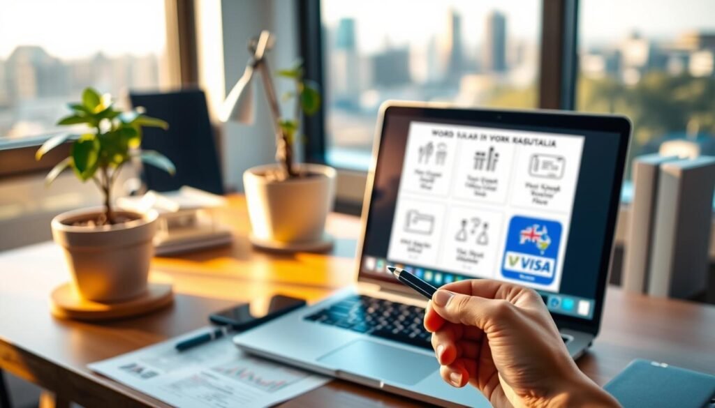 A serene office setting with a wooden desk, a potted plant, and a laptop displaying various visa icons and documents. Soft, warm lighting casts a natural glow, creating an atmosphere of professionalism and productivity. In the foreground, a hand holds a pen, poised to explore the different post-study work rights and visa options available for international graduates in Australia. The background features a blurred cityscape, hinting at the broader career opportunities that await. The overall tone is one of contemplation and thoughtful consideration of the next steps in one's educational and professional journey.