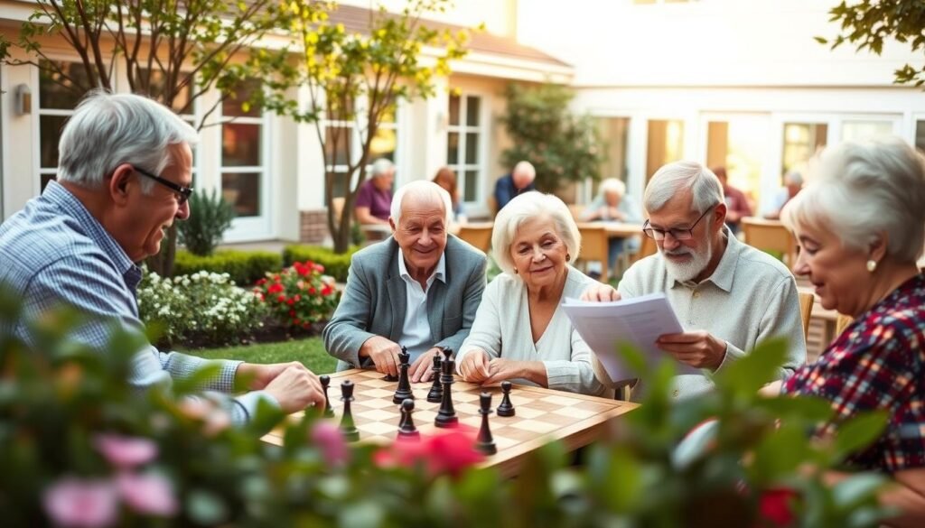 A serene retirement community filled with content seniors engaged in low-risk financial activities. In the foreground, a group of retirees enjoying a game of chess in a meticulously landscaped garden, their faces exuding a sense of tranquility. The middle ground showcases an elderly couple reviewing investment documents with a financial advisor, their expressions conveying confidence and security. The background depicts a well-appointed community center, where other residents partake in leisure pursuits like reading and knitting, all bathed in warm, natural lighting. The overall atmosphere is one of comfort, stability, and a considered approach to wealth management, reflecting the suitability of low-risk options for this demographic.
