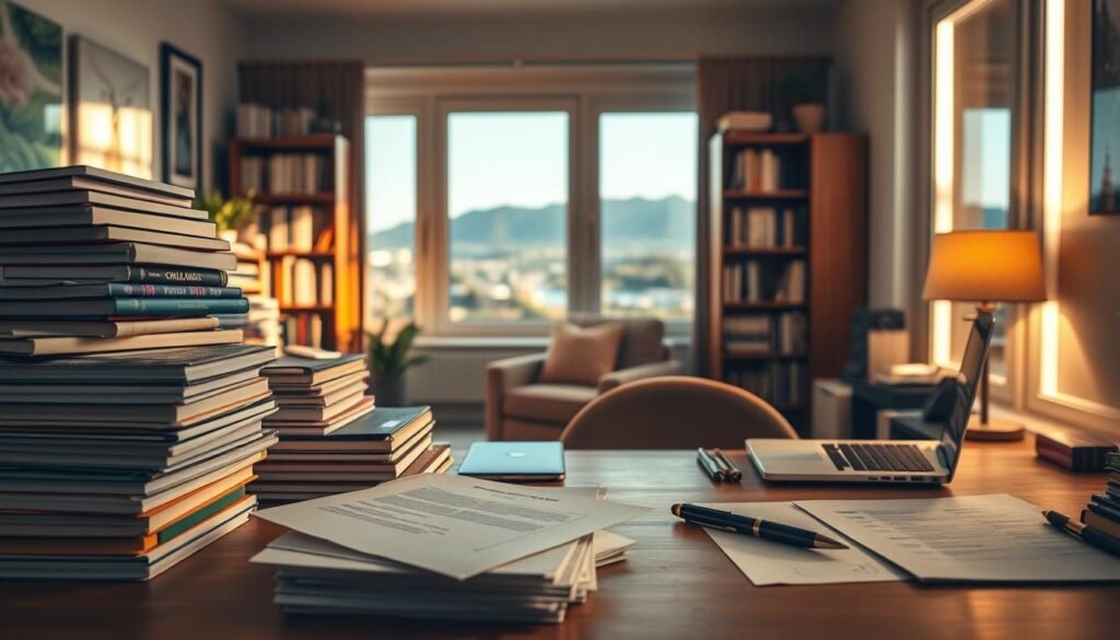 A serene study space with soft, warm lighting illuminating a desk piled high with textbooks, laptops, and papers. In the foreground, a stack of scholarship application forms and a pen rest on the desk, hinting at the diligent student's pursuit of educational funding. The middle ground features a cozy armchair and a bookshelf overflowing with academic resources, creating an atmosphere of intellectual focus. In the background, a large window overlooks a picturesque Australian landscape, suggesting the opportunities that online scholarships from top universities can provide for students to broaden their horizons while staying grounded in their studies.