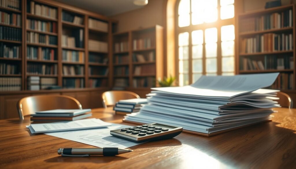 A serene study with warm, natural lighting streaming through large windows, illuminating a wooden desk where piles of documents and a calculator rest, symbolizing the consolidation of student loan debts. In the foreground, a pen, highlighter, and folders suggest the organization and simplification of complex financial matters. The background features bookcases filled with knowledge, conveying the importance of education and the journey to financial stability. The overall atmosphere is one of focus, control, and a sense of progress towards a brighter financial future.