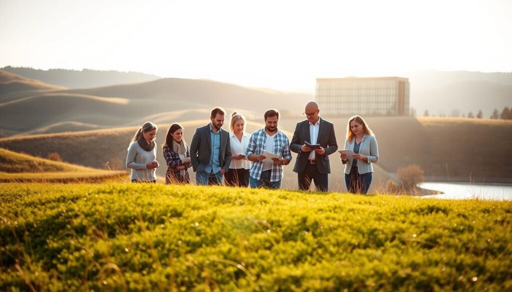 A serene, sun-dappled landscape with rolling hills and a tranquil lake in the foreground. In the middle ground, a group of diverse individuals, each examining financial documents or discussing investment strategies. The background features a modern, glass-fronted office building, symbolizing the stability and security of low-risk investments. The lighting is soft and warm, conveying a sense of reassurance and confidence. The composition is balanced, with a focal point on the group in the middle, guiding the viewer's attention to the central message of the image.