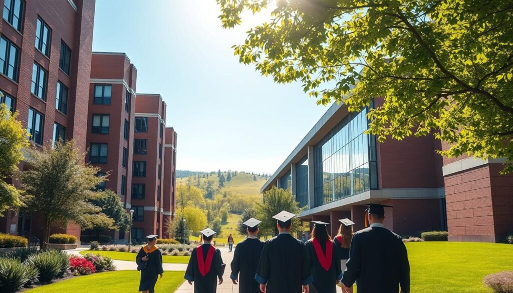 A serene, sun-drenched academic campus with vibrant greenery, towering brick buildings, and a grand entrance arch. In the foreground, a group of diverse students in graduation gowns and mortarboards stroll along the manicured pathways, symbolizing academic achievement. In the middle ground, a sleek, modern university library with floor-to-ceiling windows reflects the azure sky. The background features rolling hills dotted with leafy trees, creating a tranquil, idyllic setting. The overall scene conveys a sense of intellectual rigor, opportunity, and the pursuit of higher education in Canada.
