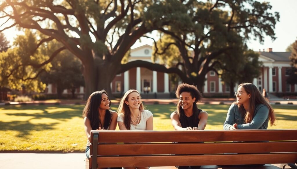 A serene, sun-drenched campus setting with a manicured lawn, towering oak trees, and a stately academic building in the background. In the foreground, a group of diverse, accomplished students, seated at a wooden bench, engaged in animated discussion, their faces filled with determination and hope. The scene is bathed in a warm, golden light, conveying a sense of opportunity and possibility. The composition is balanced, with the students as the focal point, surrounded by the prestigious academic environment that represents the promise of graduate business scholarships.