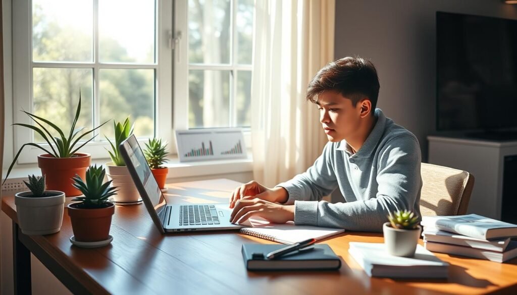 A serene, sun-drenched workspace with a young student sitting at a wooden desk, intently studying investment charts and graphs on a laptop. Warm, natural lighting filters through a large window, casting a soft glow on the scene. Potted plants and a strategically placed succulent add a touch of greenery, reflecting the student's growth mindset. The desk is neatly organized, with a notebook, pen, and a small stack of investment-related books, conveying a sense of focus and diligence. The student's facial expression is one of thoughtful contemplation, hinting at the long-term potential of their investment journey.