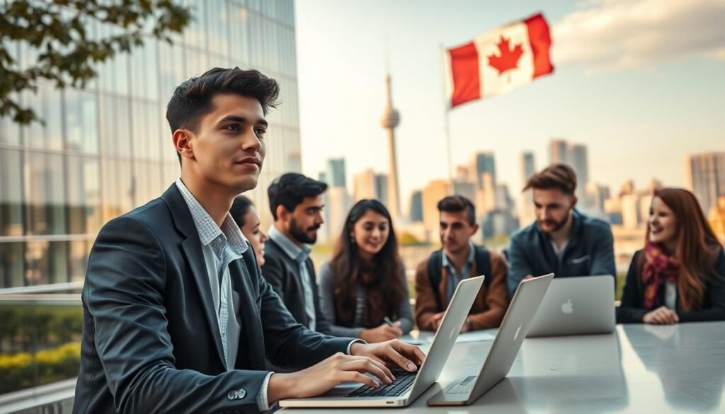 A serene university campus with a diverse group of international graduate students gathered around a table, discussing their options for student loan refinancing. The foreground features a thoughtful-looking young man in a suit, laptop open, surrounded by his peers. The middle ground showcases a modern glass and steel building, representing the institution's financial services. In the background, a vibrant cityscape with the iconic Canadian flag fluttering in the breeze, conveying a sense of global connectivity. The lighting is soft and warm, creating an atmosphere of focused collaboration and optimism. The angle is slightly elevated, providing a holistic view of the scene.