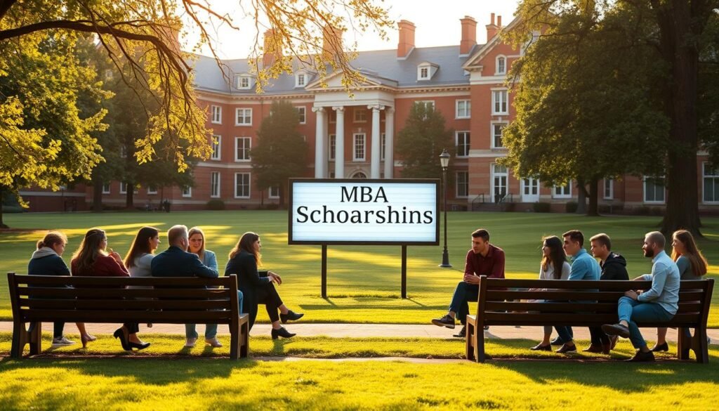A serene university campus with a manicured lawn and stately Georgian-style buildings in the background. In the foreground, a group of diverse MBA students sit together on wooden benches, engaged in animated discussion. Warm afternoon sunlight filters through the trees, casting a soft glow over the scene. In the middle ground, a prominent signboard highlights "MBA Scholarships" in bold lettering, drawing the viewer's attention. The overall atmosphere conveys a sense of academic excellence, opportunity, and the vibrant intellectual community of an elite business program.