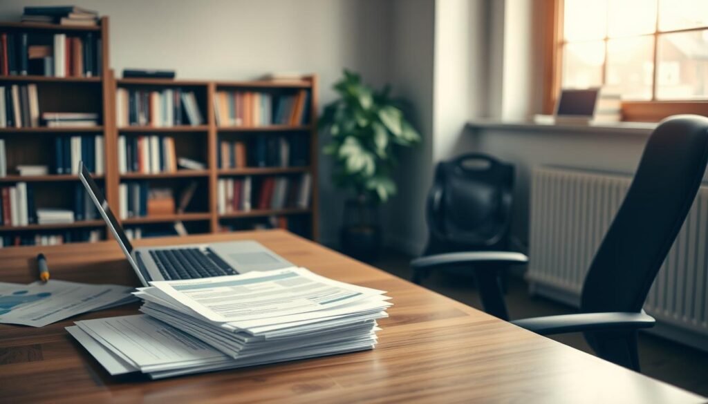 A serene, well-lit office interior with a wooden desk and ergonomic chair. On the desk, a stack of paperwork and a laptop, conveying the idea of academic eligibility and application requirements. In the background, a bookshelf filled with reference materials, subtly hinting at the educational context. Soft, diffused lighting from a large window illuminates the scene, creating a professional yet inviting atmosphere. The composition emphasizes order, attention to detail, and the administrative aspects of applying for a fully funded online master's scholarship in the UK.