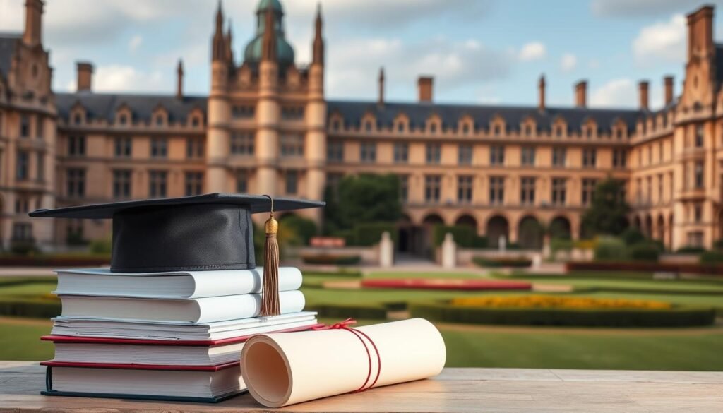 A serene, well-lit scene showcasing a stack of books, a mortar board, and a diploma against a backdrop of the iconic architecture of a prestigious British university campus. The foreground features a neatly arranged collection of academic documents and accolades, symbolizing the rewards of graduate-level education. The middle ground captures the grandeur of the university's historic buildings, with their ornate facades and manicured gardens. The background hints at the vibrant student life and research opportunities that define the UK's leading graduate programs. The overall composition conveys a sense of academic excellence, opportunity, and the promise of a transformative educational experience.