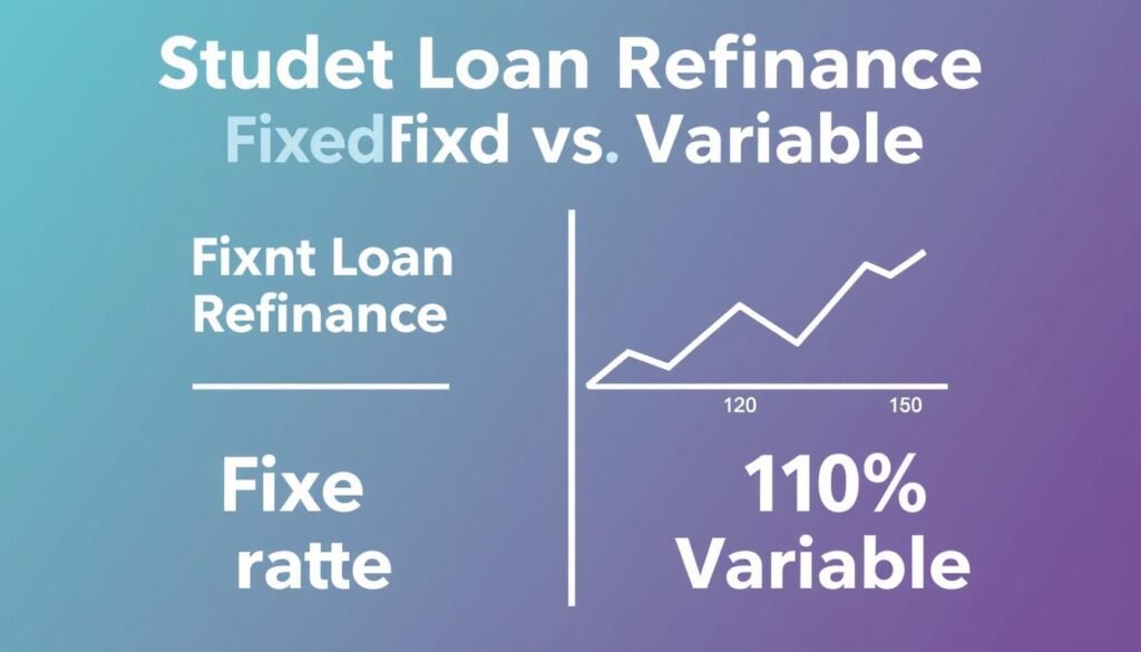 A side-by-side comparison of fixed and variable student loan refinance rates, displayed in a clean, modern infographic style. The foreground shows a sleek, minimalist design with geometric shapes, gradients, and clean typography to highlight the key details. The middle ground features a visual representation of the interest rate fluctuations, with a variable rate line contrasted against a fixed rate line. The background has a subtle, textured pattern that adds depth and sophistication. The overall mood is informative, data-driven, and visually engaging, capturing the essence of the "Student Loan Refinance Fixed vs Variable" topic.