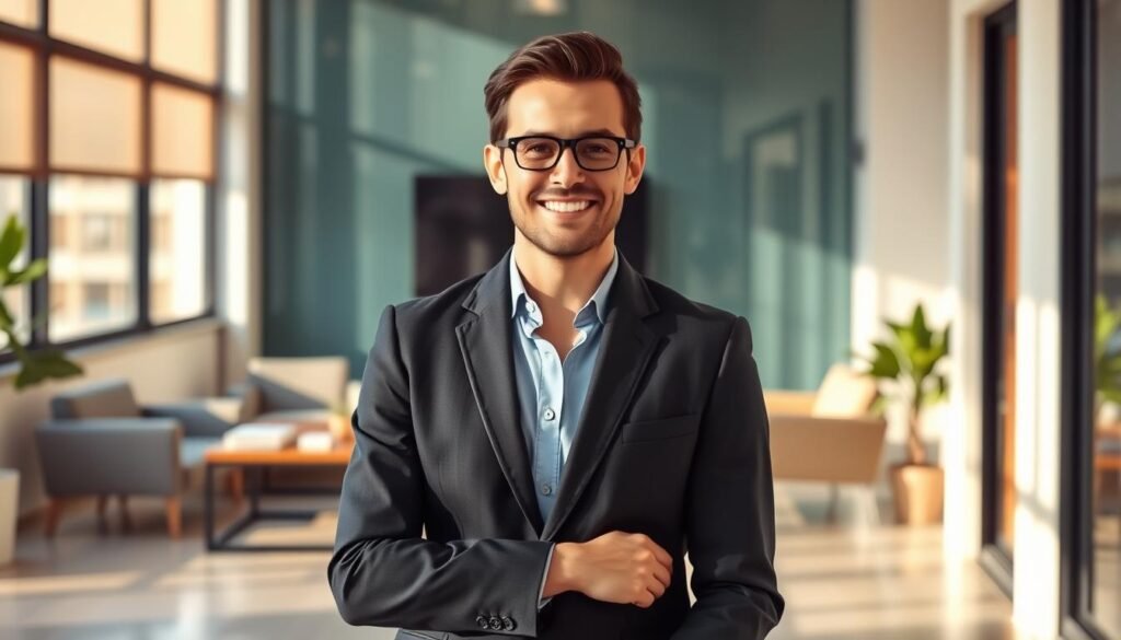 A skilled English-speaking professional in business attire, with an engaged, confident expression, standing in a modern, minimalist office setting. Warm, natural lighting casts a soft glow, highlighting their poise and approachability. The background features sleek, contemporary furnishings and clean lines, creating a sophisticated, yet inviting atmosphere. The composition emphasizes the individual's presence, signifying their valuable expertise and communication abilities, well-suited for remote work opportunities in Australia.