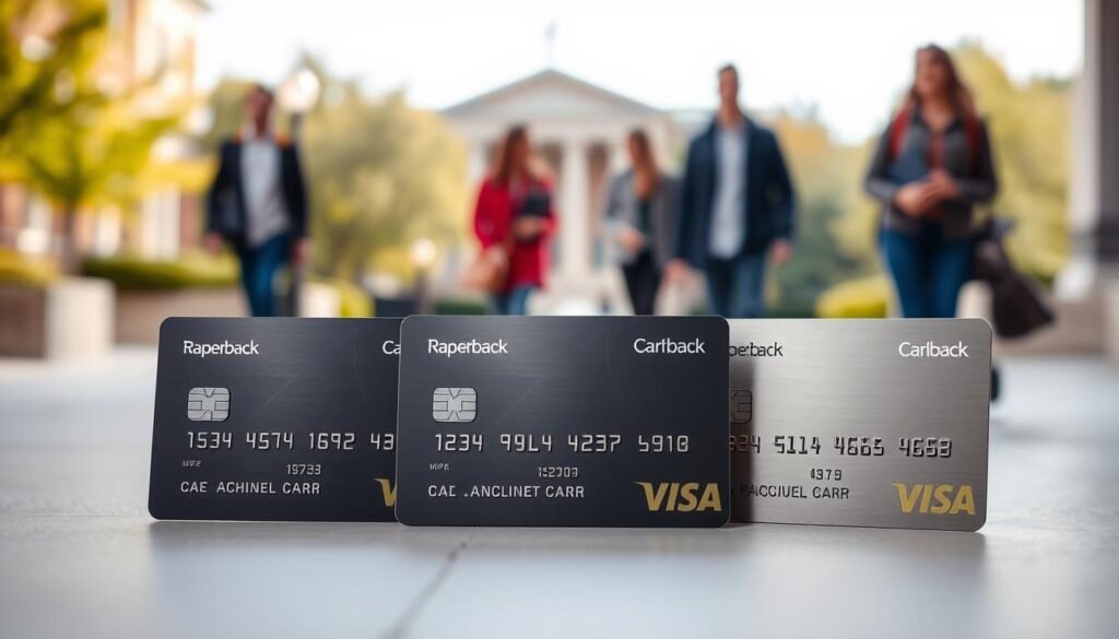 A sleek and modern composition showcasing a selection of credit cards with prominent cashback features. The cards are displayed in the foreground, positioned at a slight angle and well-lit to highlight their metallic finishes and logos. In the middle ground, a subtly blurred background depicts a university campus scene, with students passing by in the distance, conveying the target audience. The overall mood is one of sophistication and practicality, with a touch of youthful energy, reflecting the needs and preferences of U.S. students seeking the best cashback credit card options.
