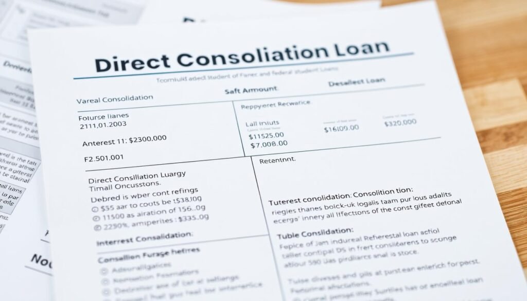 A sleek and modern financial document showcasing the details of a direct consolidation loan. The foreground features a crisp, clean layout with clear typography and visual hierarchy, highlighting key information such as loan amounts, interest rates, and repayment terms. The middle ground includes financial icons and infographic elements that provide context and clarity. The background subtly incorporates a soft, blurred pattern or texture, conveying a sense of professionalism and stability. The overall mood is one of clarity, organization, and trustworthiness, reflecting the importance of understanding the consolidation process for federal student loans.