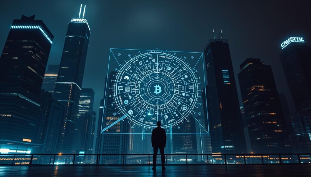 A sleek, high-tech cityscape at night, with towering skyscrapers and glowing neon lights casting an otherworldly glow. In the foreground, a lone figure stands before a holographic display, symbols and data flickering across the screen, signifying the complex web of cryptocurrency regulations. The scene exudes a sense of power, control, and the looming presence of a "crypto regime" - a government-backed framework that shapes the future of digital finance. The lighting is dramatic, with sharp shadows and highlights, creating a moody, futuristic atmosphere. The camera angle is slightly low, emphasizing the grandeur and authority of the setting, hinting at the far-reaching impact of the 2026 UK crypto regime.